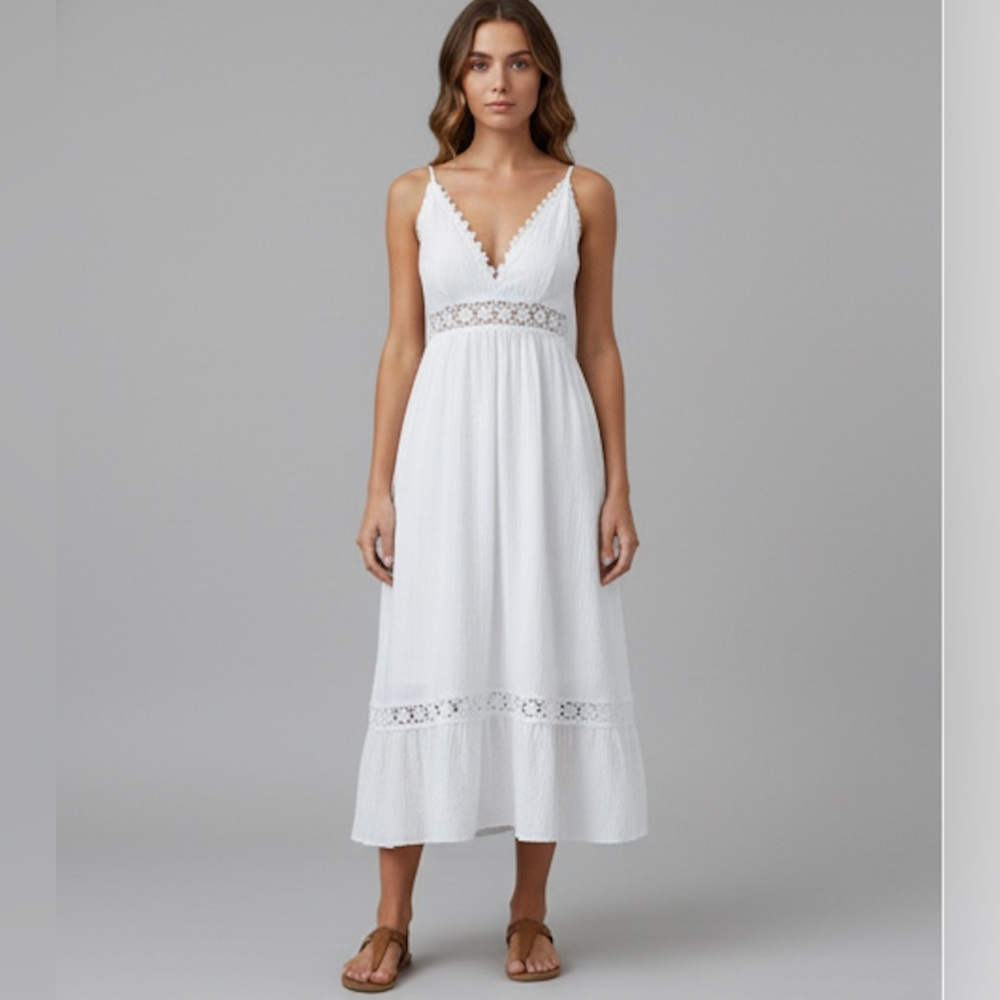 Boho Lace Deep V neck Camii Midi Dress White